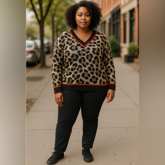 NWT Women’s Funky Plus Size Deep V Neck Cheetah Sweater 2XL - Picture 1 of 5